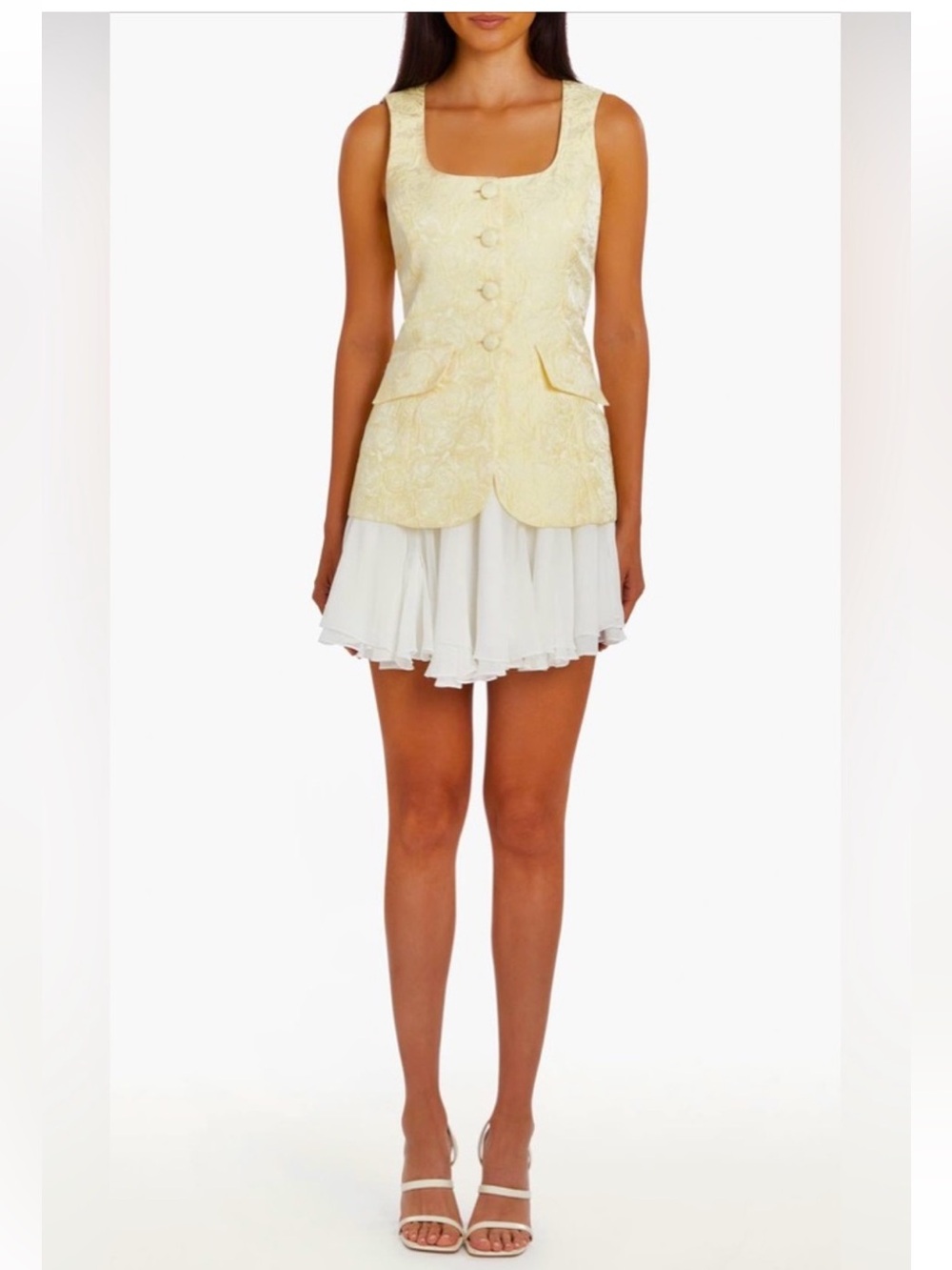Amanda Uprichard Butter Yellow Brocade Vest with Ruffle Hem skirt size Large